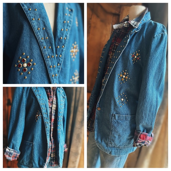 Vintage Studded Denim Blazer Jewel Embellished Western Boho Medium - Picture 3 of 12